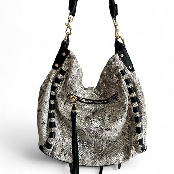 Aimee Kestenberg Snakeskin Leather Hobo Bag Black White Gold Hardware - Picture 2 of 8